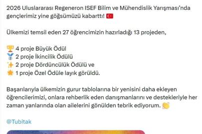Bakan Kacır: Gençlerimiz ISEF 2026'da yine göğsümüzü kabarttı