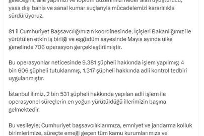 Adalet Bakanı Gürlek: Mayıs ayında 706 operasyonda 4 bin 606 kişi tutuklandı