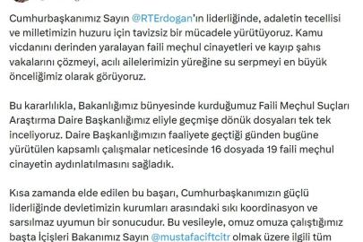 Bakan Gürlek: Faili Meçhul Suçları Araştırma Daire Başkanlığı'nın çalışmalarıyla 19 cinayet aydınlatıldı