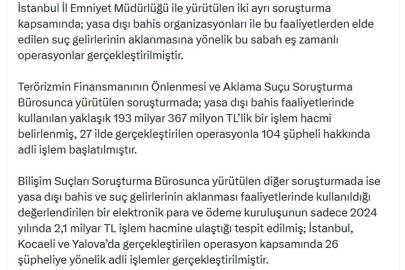 Bakan Gürlek: Yasa dışı bahis operasyonlarında 130 şüpheli hakkında adli işlem başlatıldı