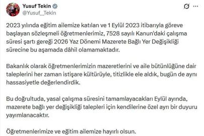 Bakan Tekin'den 'Mazerete Bağlı Yer Değişikliği' açıklaması