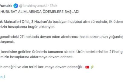 Bakan Yumaklı: TMO hububat alımlarında ödemelere başladı