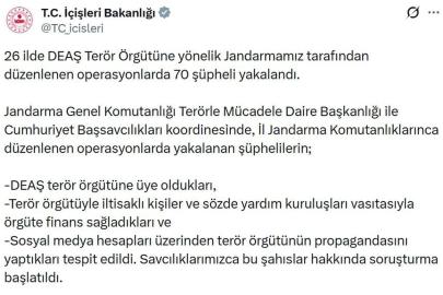 İçişleri Bakanlığı'ndan DEAŞ Operasyonu: 70 Şüpheli Yakalandı