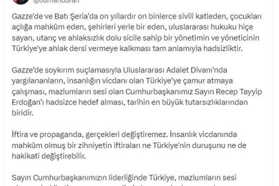 İletişim Başkanı Duran: Gazze'de sivilleri katleden yönetimin Türkiye'ye ahlak dersi vermeye kalkması hadsizliktir